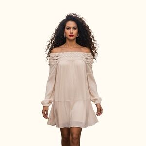 Umgee Boho Crochet Lace Off The Shoulder Mini Dress Neutral  Size S